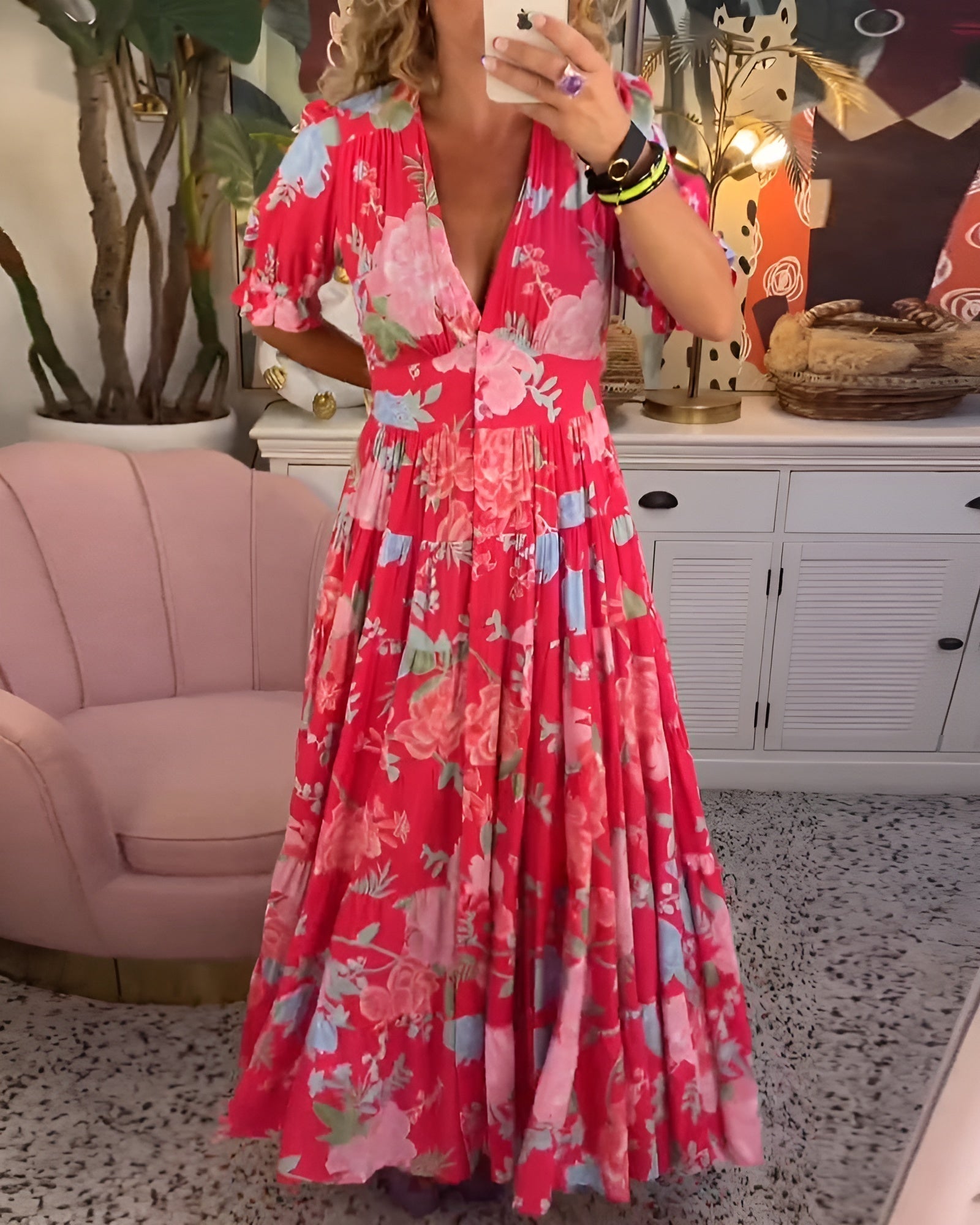 CARINE | Dress with Pockets and V-Neck in Floral Print
