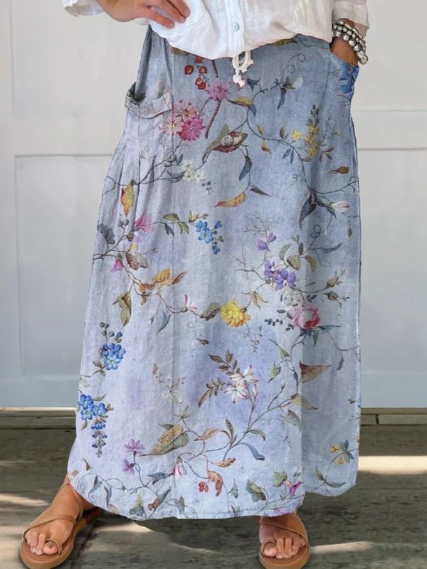 Jeda | Elegant Vintage Blue Print Pocket Skirt